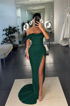 White Off-the-Shoulder Sequins Mermaid Prom Dress with Split BM bride