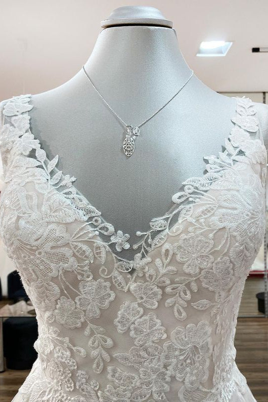 Elegant A-line Tulle V-Neck Open Back Wedding Dress With Lace Ruffles BM bride