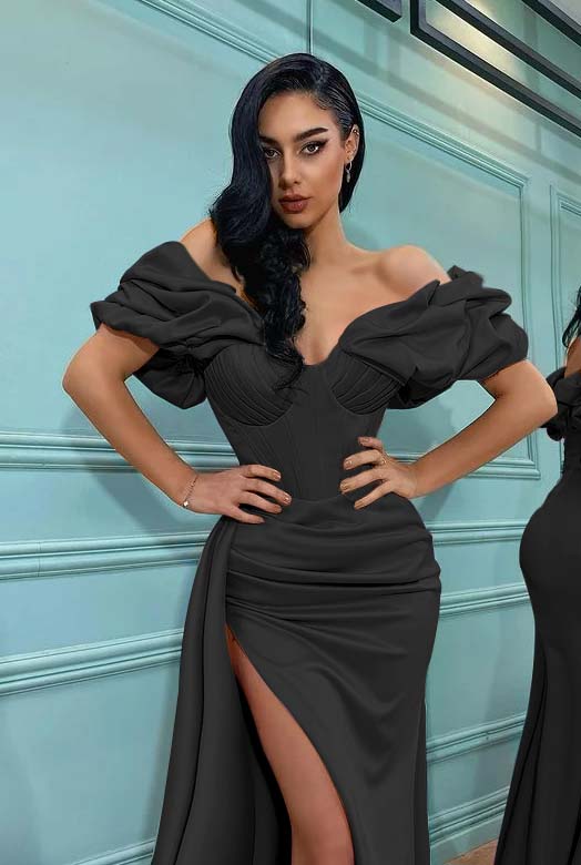 Pink Mermaid Off the Shoulder Sweetheart High Split Prom Dress With Pleated BMBRIDE