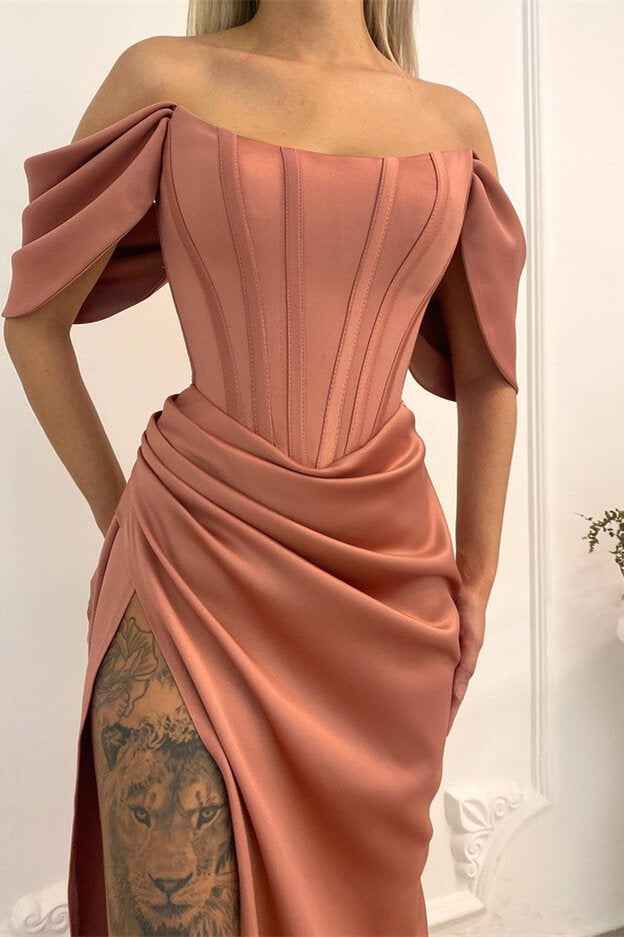 Chic Mermaid Sleeveless Off the Shoulder Long Pleated Prom Dress With Split