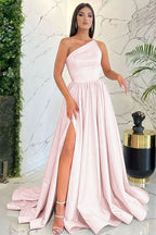 Vintage Light Pink One Shoulder Sleeveless Evening Dress with Slit BM bride