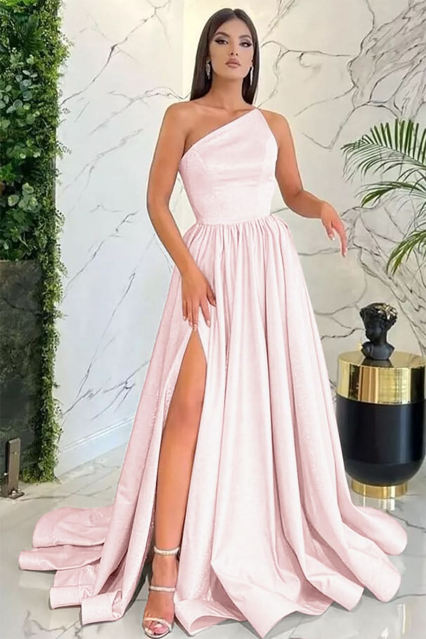 Vintage Light Pink One Shoulder Sleeveless Evening Dress with Slit BM bride