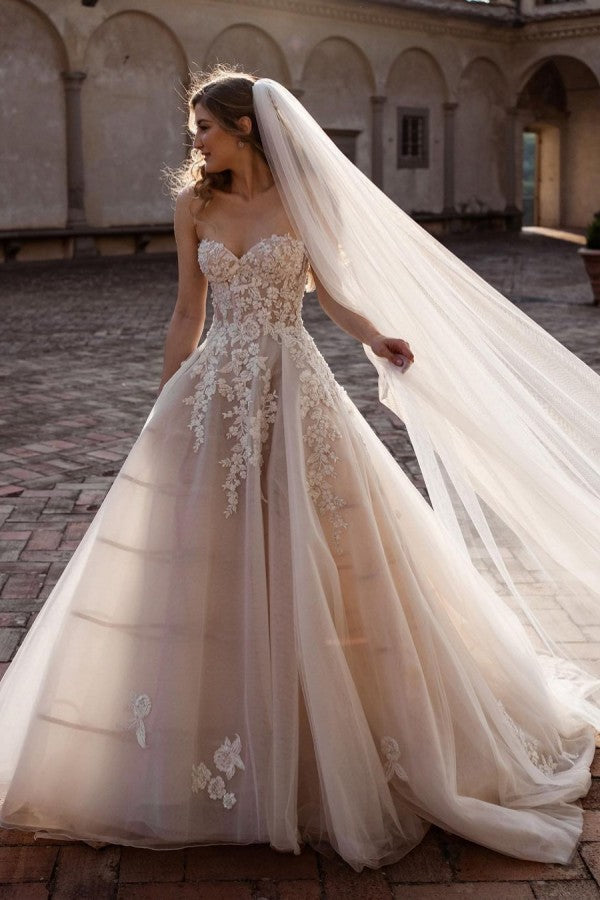 Sweetheart Backless Train A-Line Wedding Dress with Tulle and Floral Lace BM bride