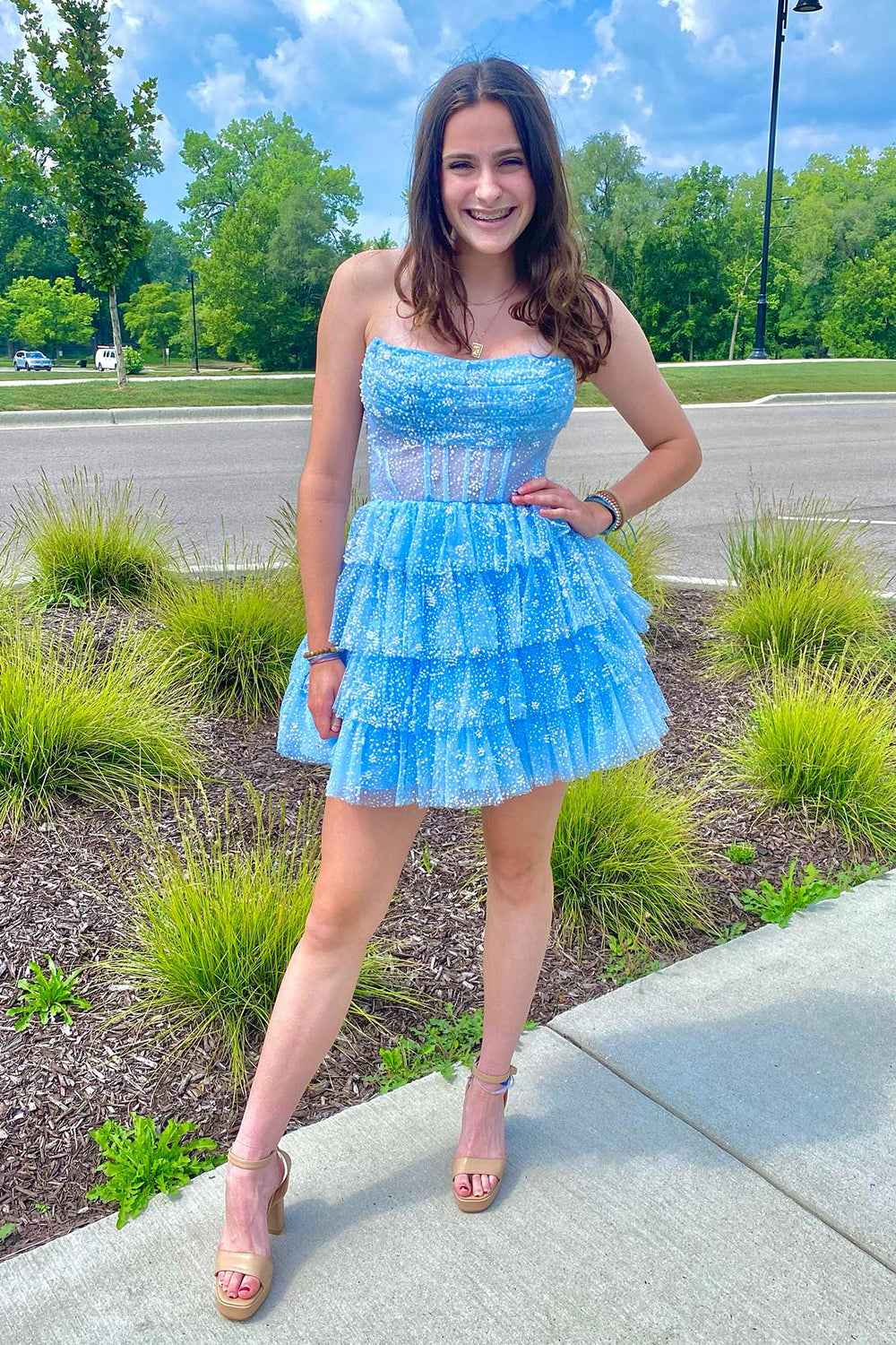 Light Blue Corset Strapless A-Line Tiered Short Homecoming Dress Bmbride