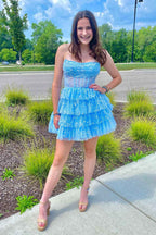 Light Blue Corset Strapless A-Line Tiered Short Homecoming Dress Bmbride