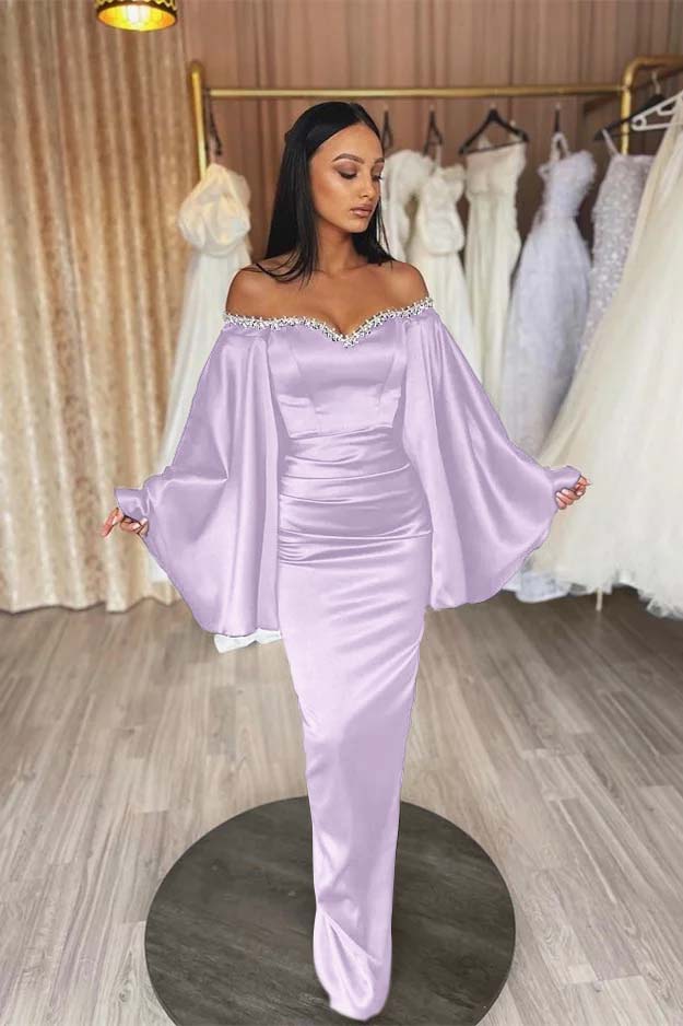 Off the Shoulder Long Sleeves Pleated Long Prom Dress With Beading BMBRIDE