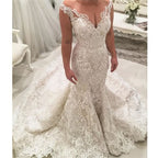 Deep V-Neck Spaghetti Strap Floor-Length Mermaid Prom Dress with Lace Appliques BM bride