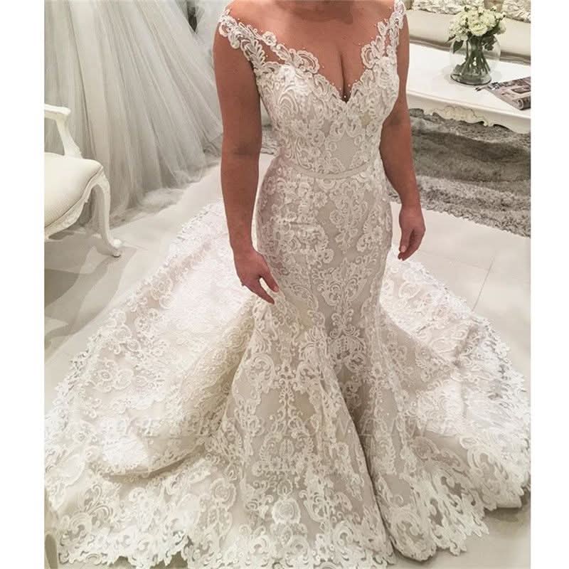 Deep V-Neck Spaghetti Strap Floor-Length Mermaid Prom Dress with Lace Appliques BM bride