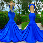 Royal Blue Sleeveless Sexy Cut Out Appliques Mermaid Prom Dress BM bride