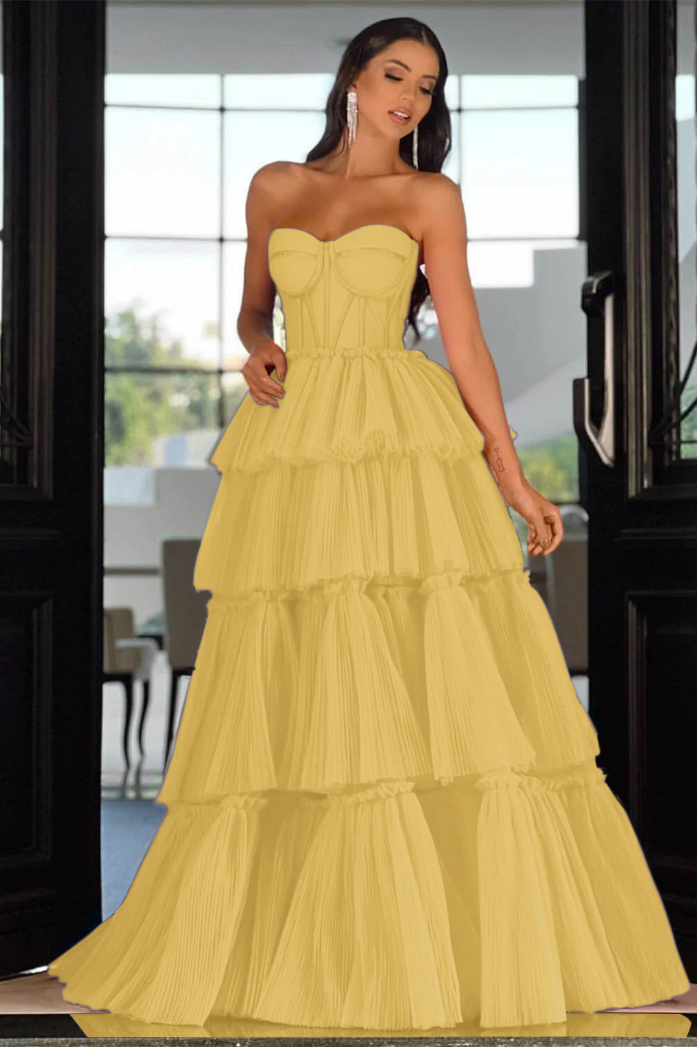 Elegant Sweetheart Strapless Prom Dress Long Sleeveless Layers Hot Pink BMBRIDE