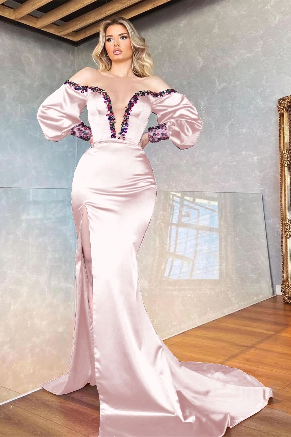 Purple Off-the-Shoulder V-Neck Beaded Long Sleeve Mermaid Prom Dress with Front Split BM bride