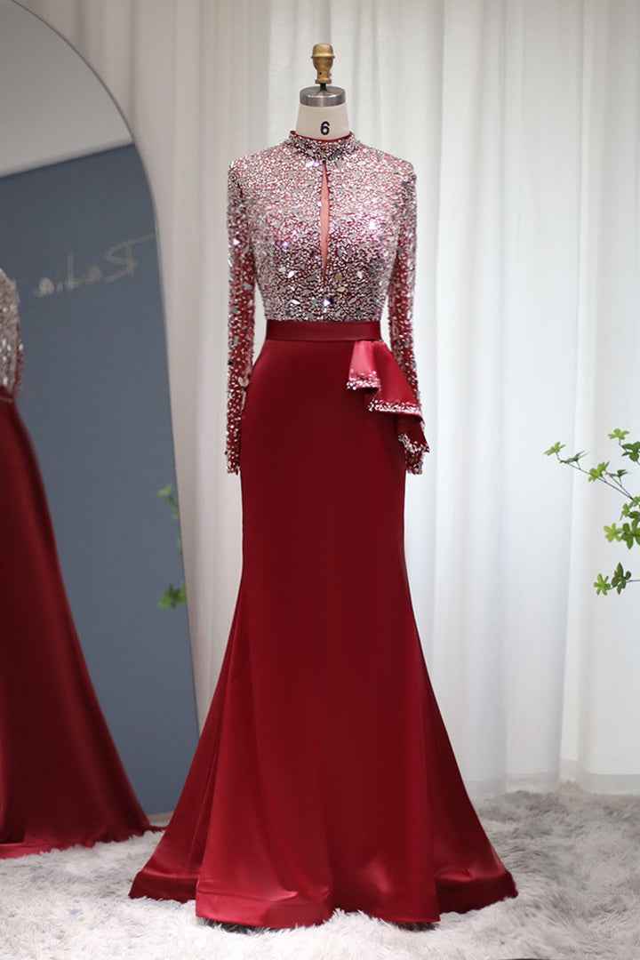 Red Jewel Neck Mermaid Prom Dress Long Sleeves With Sparkle Sequins