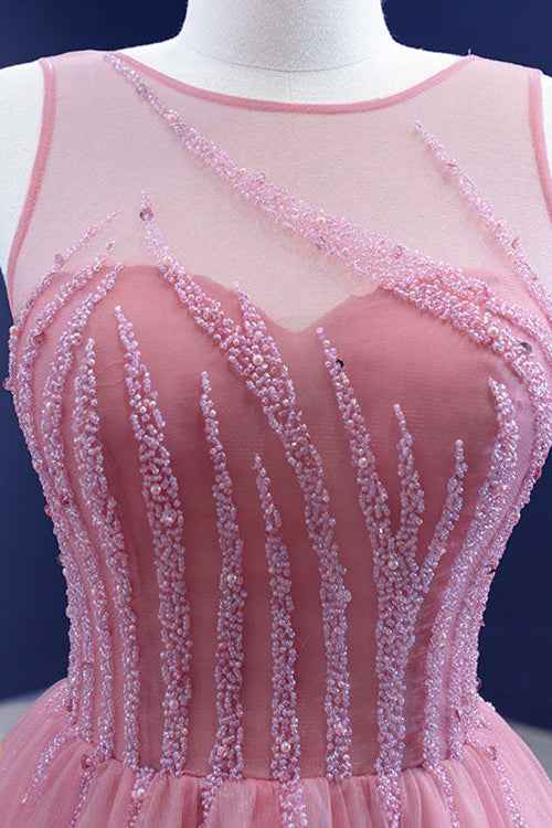 Gorgeous Pink A Line Prom Dress Tulle With Sleeveless Beading On Sale