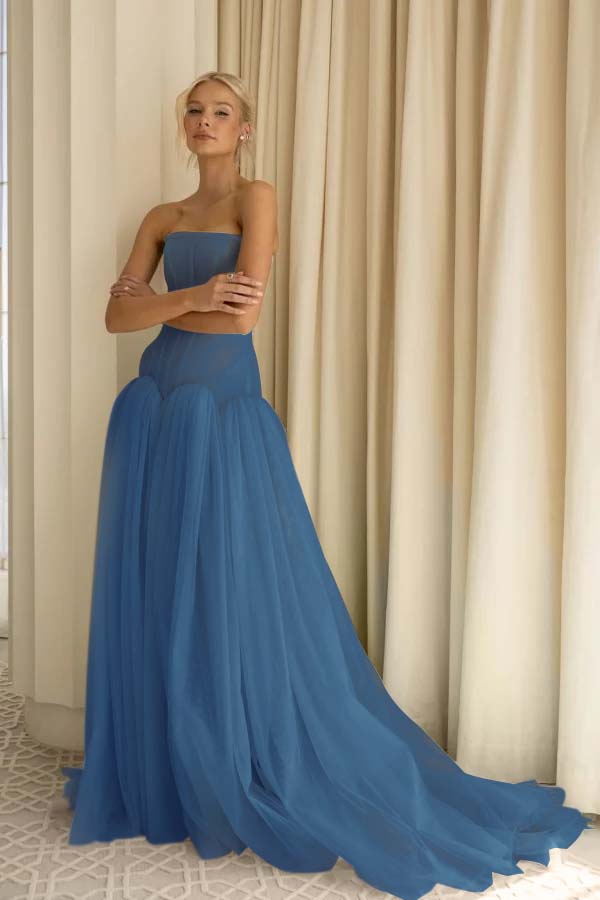Charming Tulle Strapless Sleeveless Long Prom Dress With Pleated BMBRIDE