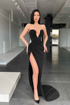Strapless Sleeveless Mermaid Black Sweetheart Prom Dress With Split