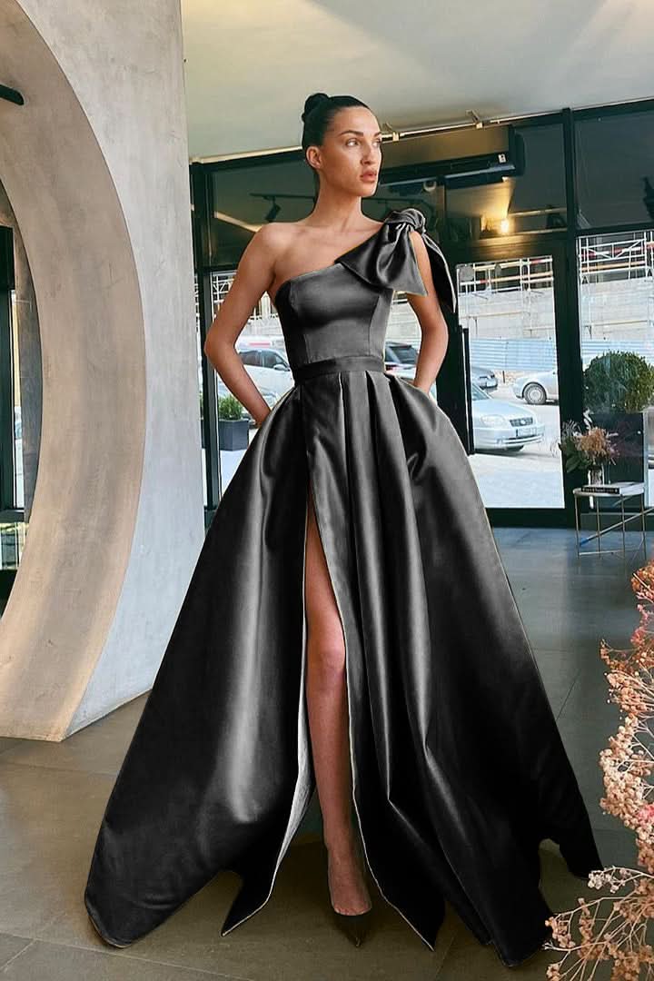 Yellow One-Shoulder Prom Dress Split with Pockets BM bride
