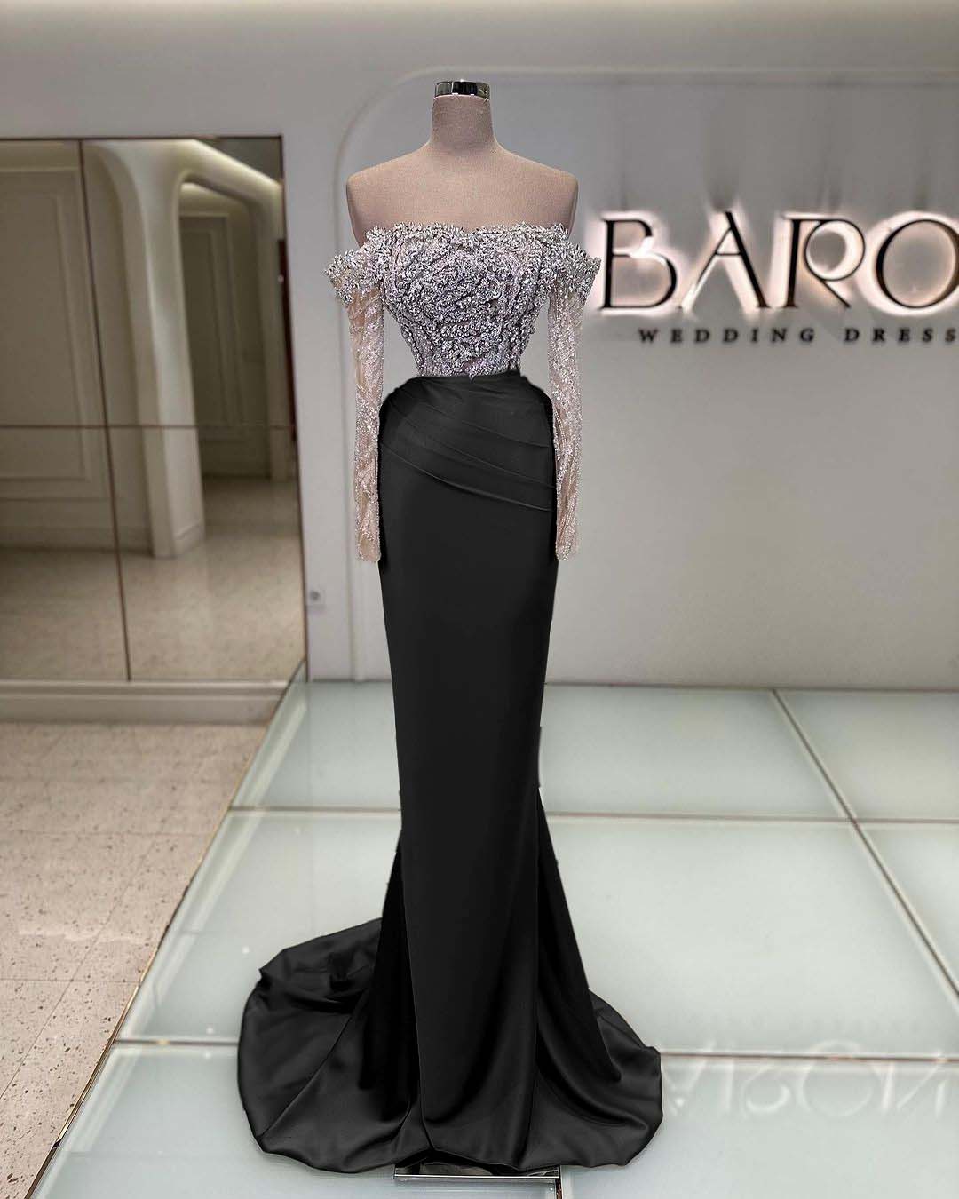 Off the Shoulder Long Sleeves Long Mermaid Prom Dress With Beading BMBRIDE