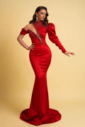 Charmeuse Red One Sleeve High Neck Mermaid Prom Dress BM bride