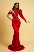 Charmeuse Red One Sleeve High Neck Mermaid Prom Dress BM bride