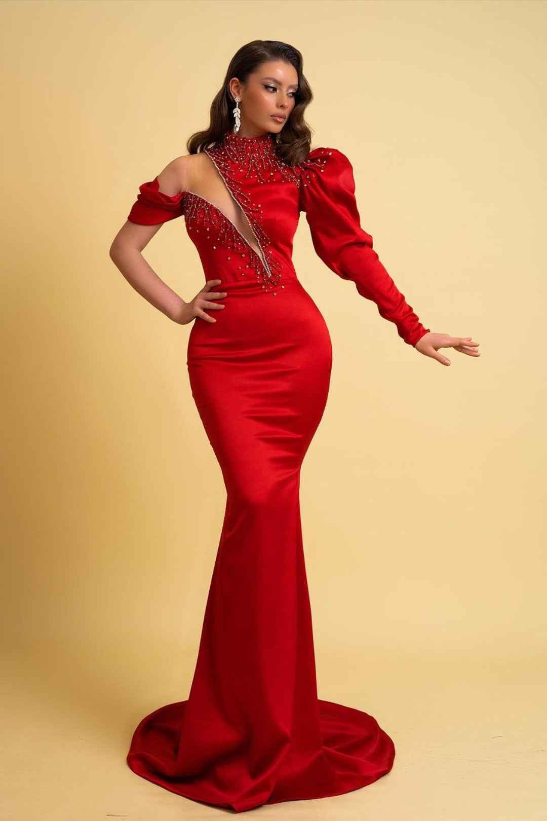 Charmeuse Prom Dress One Sleeve Red High Neck Mermaid With Beading