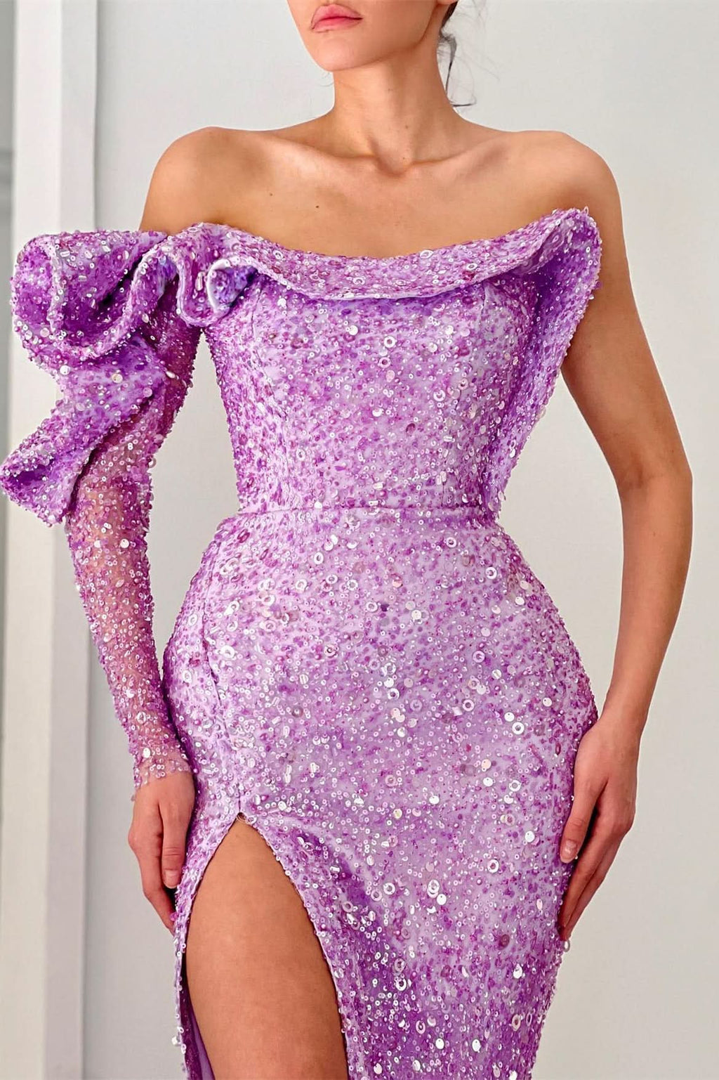 Purple One Shoulder Mermaid Evening Dress with Sequins Slit and Long Sleeve BM bride