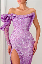 Purple One Shoulder Mermaid Evening Dress with Sequins Slit and Long Sleeve BM bride