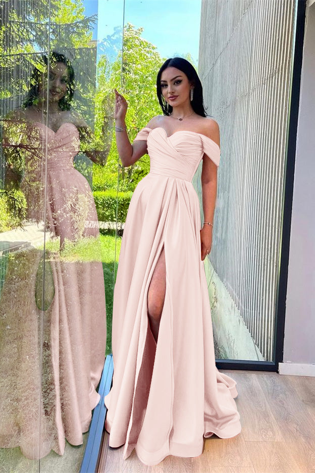 Glorious Dusty Pink Off-The-Shoulder Evening Front Split Prom Dress with Sweetheart Neckline BM bride