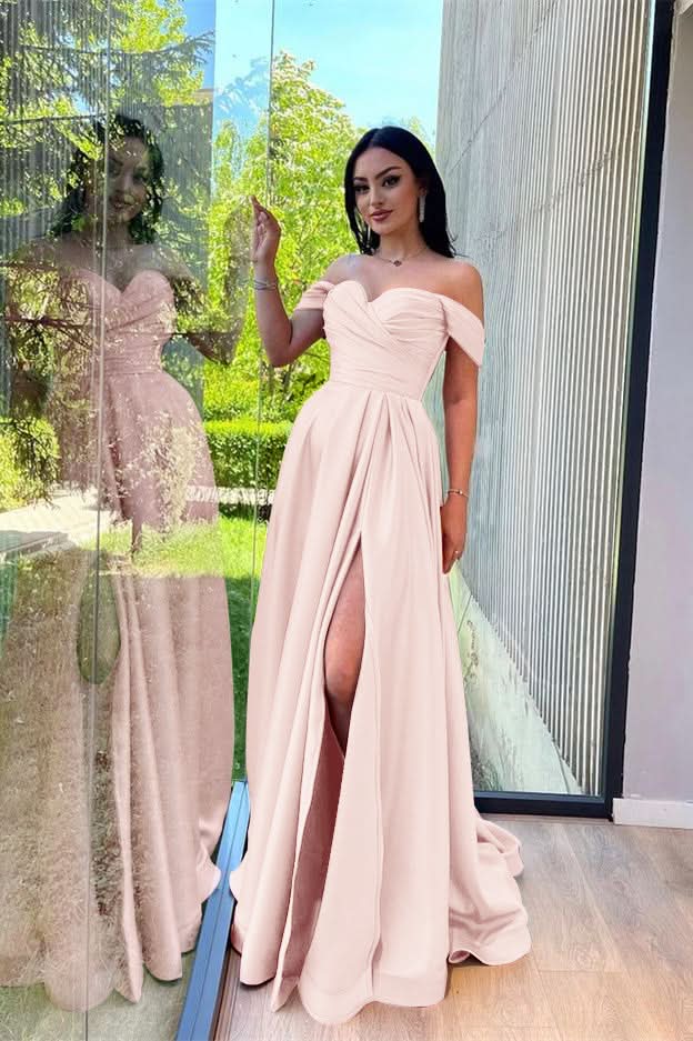 Glorious Dusty Pink Off-The-Shoulder Evening Front Split Prom Dress with Sweetheart Neckline BM bride