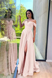 Glorious Dusty Pink Off-The-Shoulder Evening Front Split Prom Dress with Sweetheart Neckline BM bride