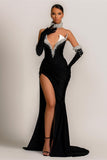 Evening Dress Black V-Neck Halter Half Sleeves Beadings Split BM bride