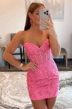 Pink Tight Short Homecoming Dress with Appliques Bmbride