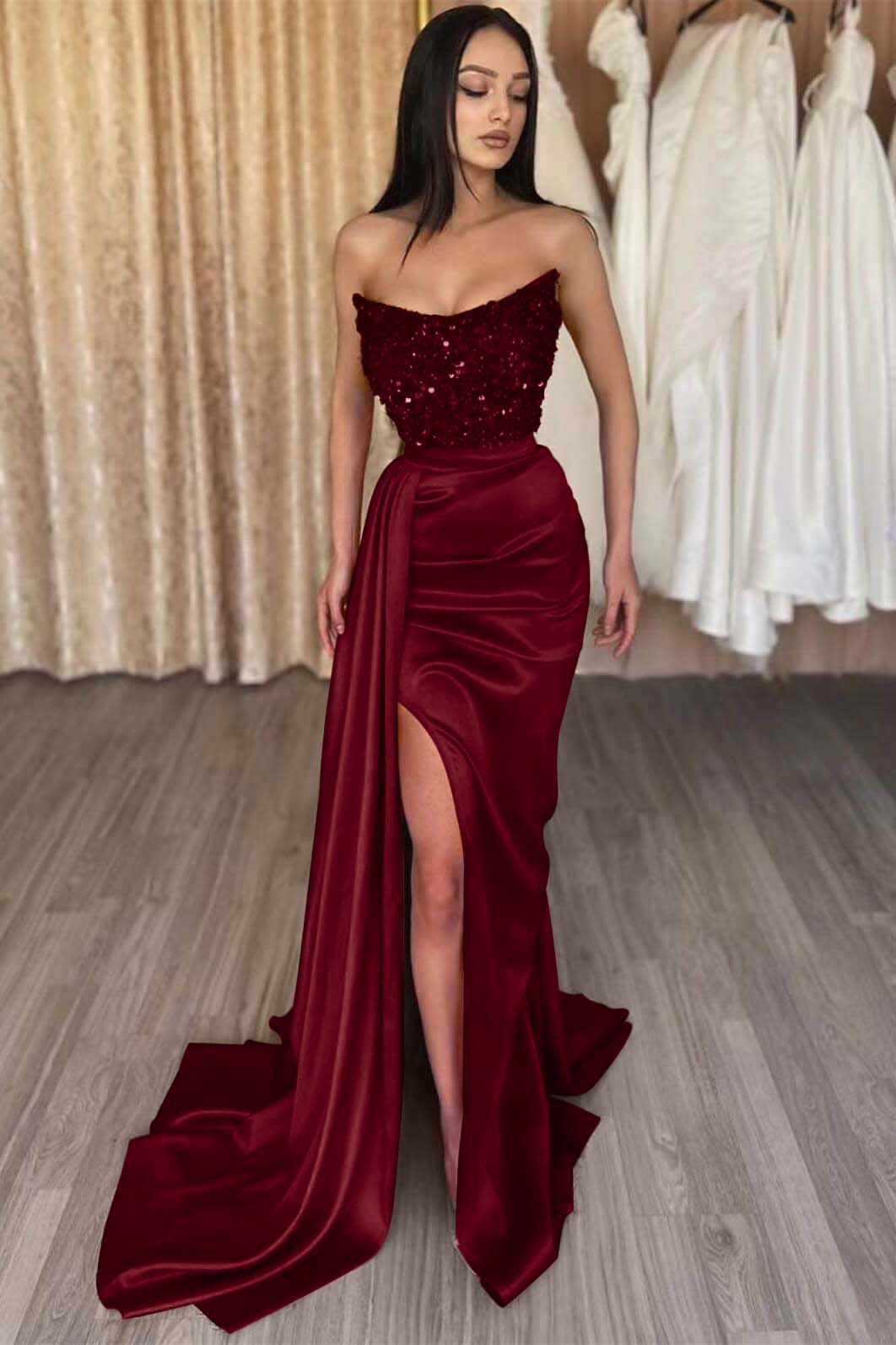 Red Strapless Elegant Sleeveless Long Sequins Prom Dress Mermaid Side Split BMBRIDE