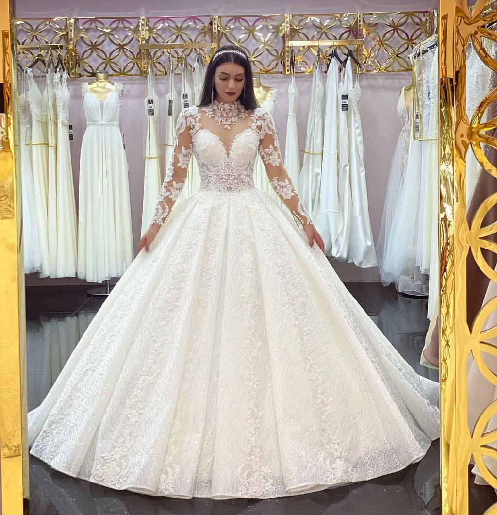 High Neck Jewel Long Sleeve Wedding Dress with Lace Appliques BM bride