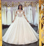 High Neck Jewel Long Sleeve Wedding Dress with Lace Appliques BM bride