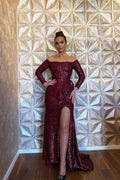 Off the Shoulder Long Sleeves Sequins Burgundy Mermaid Prom Dress With Split