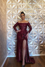 Burgundy Long Sleeve Sequin Mermaid Evening Dress with Split BM bride
