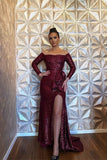 Burgundy Long Sleeve Sequined Mermaid Evening Dress with Split BM bride