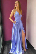 Spaghetti Strap V Neck Backless Sleeveless Prom Dress Long With Front Split