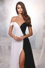 Black And White Off the Shoulder Beadings Long Prom Dress With Front Split