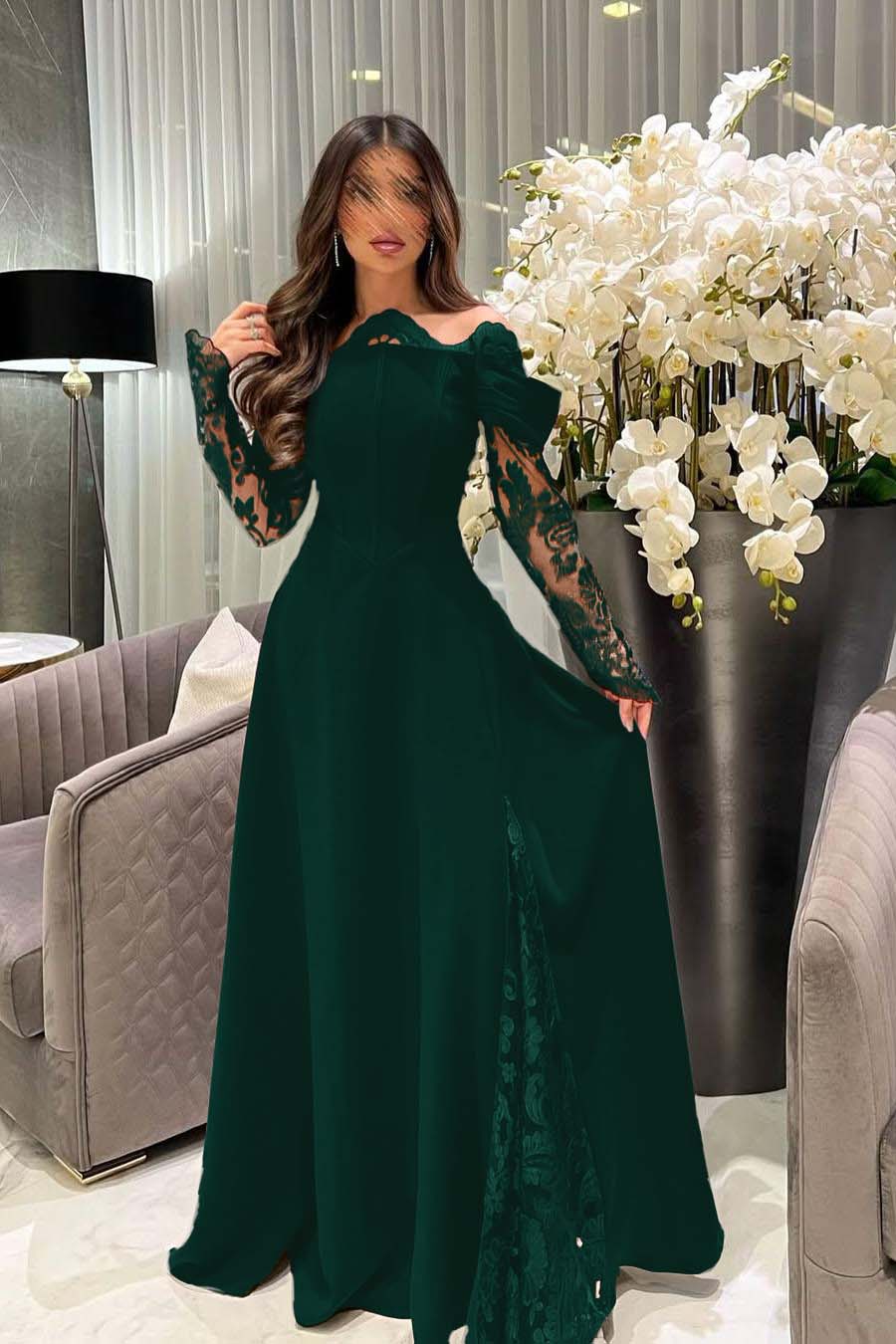 White Off the Shoulder Long Sleeves Long Prom Dress With Appliques BMBRIDE