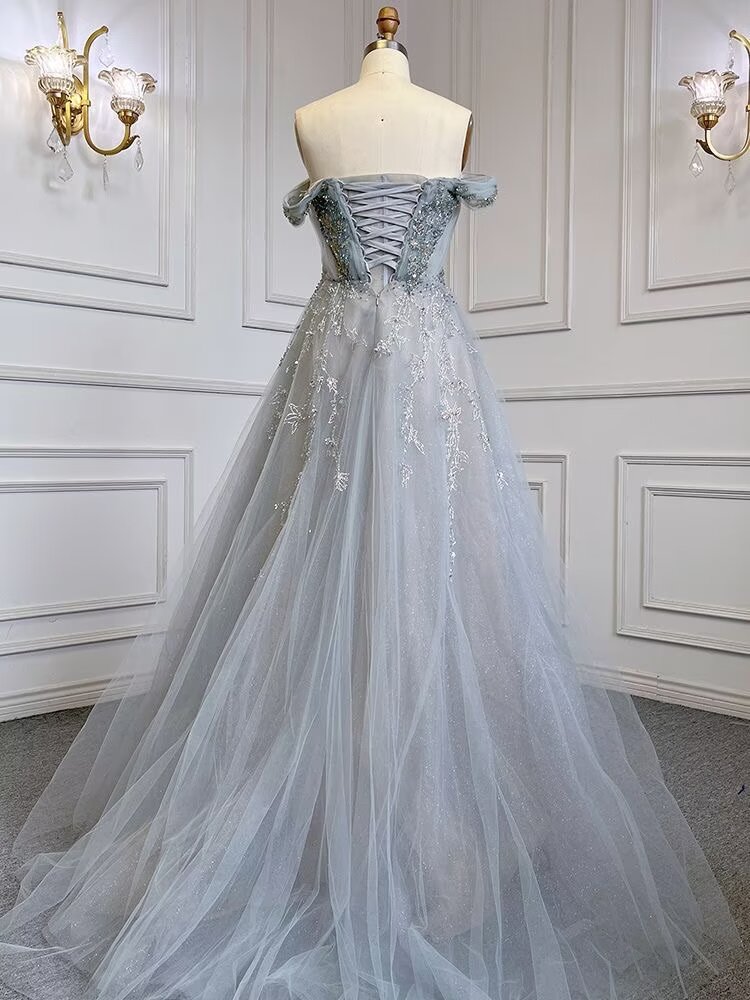 Dusty Blue Sequin Prom Dress, Long A-Line V-Neck Sleeveless, Backless BM bride