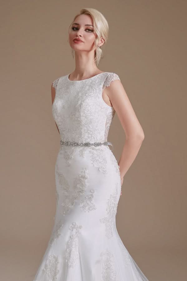 Mermaid Jewel Neck Long Wedding Dress with Tulle Lace BM bride