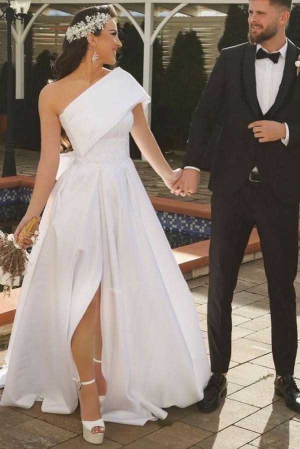 Long Sleeveless A-Line One-Shoulder Satin Wedding Dress with Slit BM bride