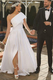 Long Sleeveless A-Line One-Shoulder Satin Wedding Dress with Slit BM bride