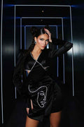 Sexy Black Satin Prom Dress Short Long Sleeves With Sequins