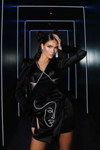 Sexy Black Satin Prom Dress Short Long Sleeves With Sequins