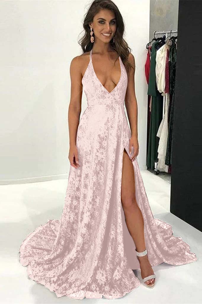 Burgundy Modern Halter Deep V Neck Backless Long Lace Prom Dress With Split BMBRIDE