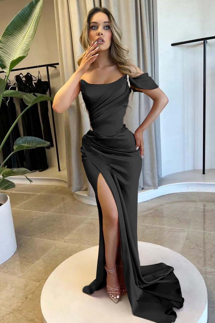Strapless One Shoulder Long Mermaid Prom Dress With Split Beading BMBRIDE