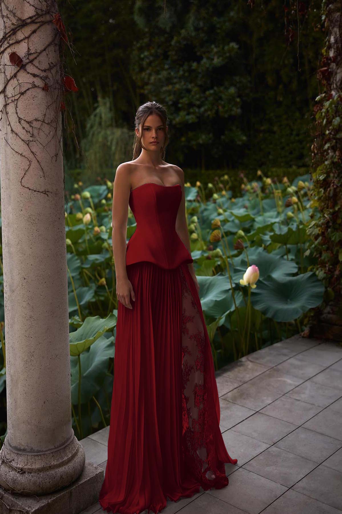 Strapless Sleeveless Long Prom Dress With Pleated Split Appliques BMBRIDE