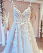 A-line V-neck Backless Long Wedding Dress With Tulle BM bride